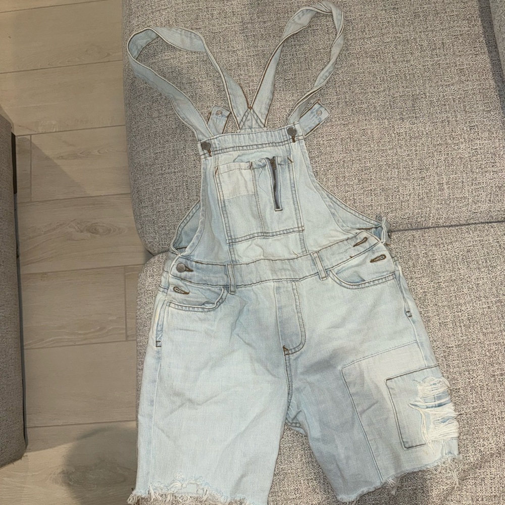 Zara: Basic Denim Light Blue Denim Overalls distressed w pockets and adjustable